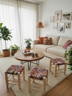 Tabouret Boucherouite en Tissus Recyclés et Bois d'Eucalyptus