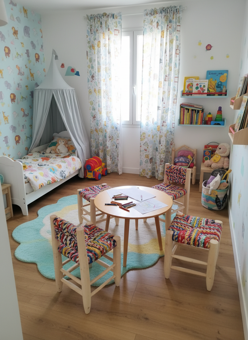 Tabouret Boucherouite en Tissus Recyclés et Bois d'Eucalyptus – Image 2